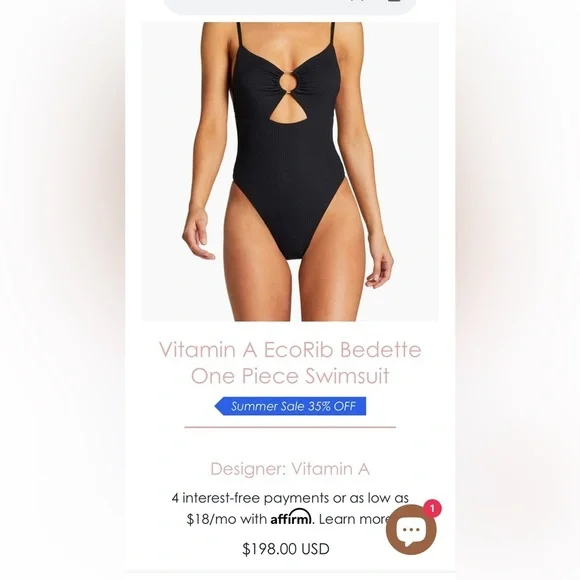 Vitamin A Bedette One Piece Swimsuit black missing size approx size Small - Picture 3 of 10